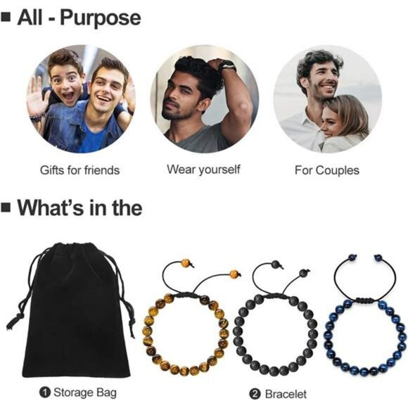 Men's Natural Stone Bracelet Tiger Eye Lava Rock Agate Adjustable Beaded - Picture 2 of 7